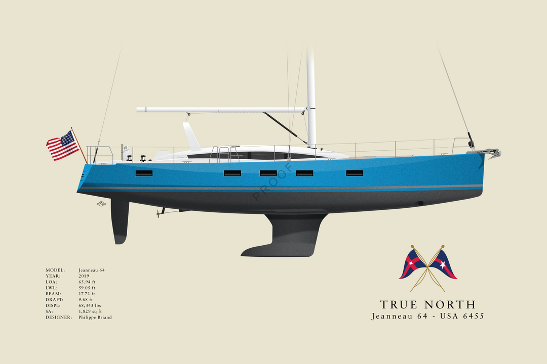 True North - Jeanneau 64 - Custom Half Hull Print With Deck Details