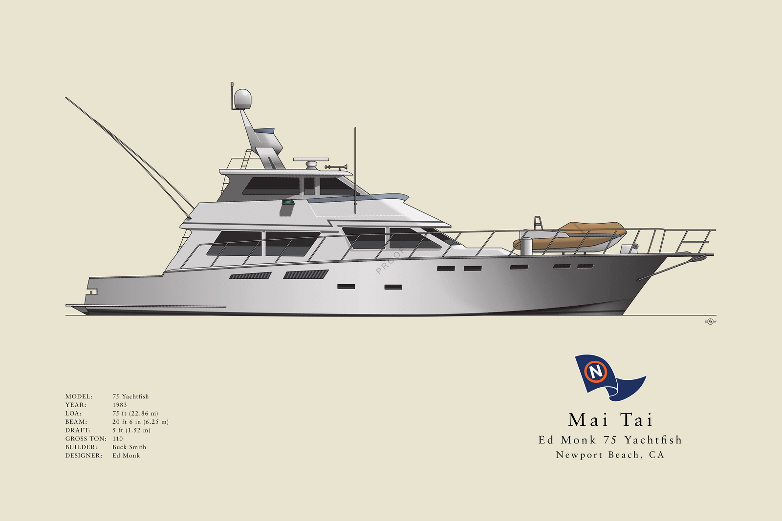 Mai Tai - Ed Monk 75 Yachtfish - Half Hull Print With Deck Details