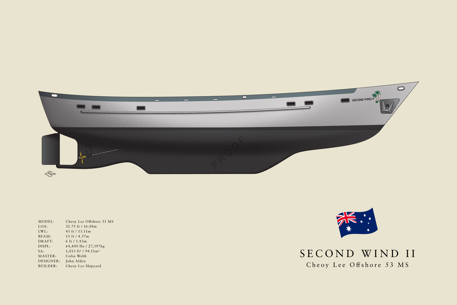 Second Wind II - Cheoy Lee 53 MS - Flush Deck Half Hull Print