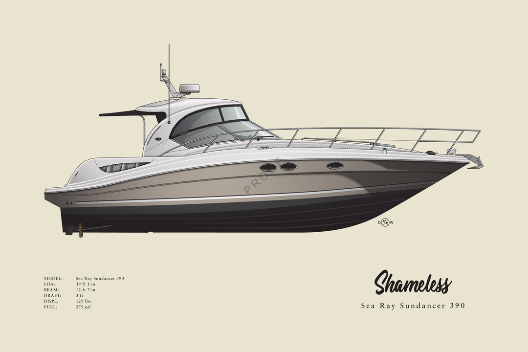 Shameless - Sea Ray Sundancer 390 - Half Hull Print With Deck Details