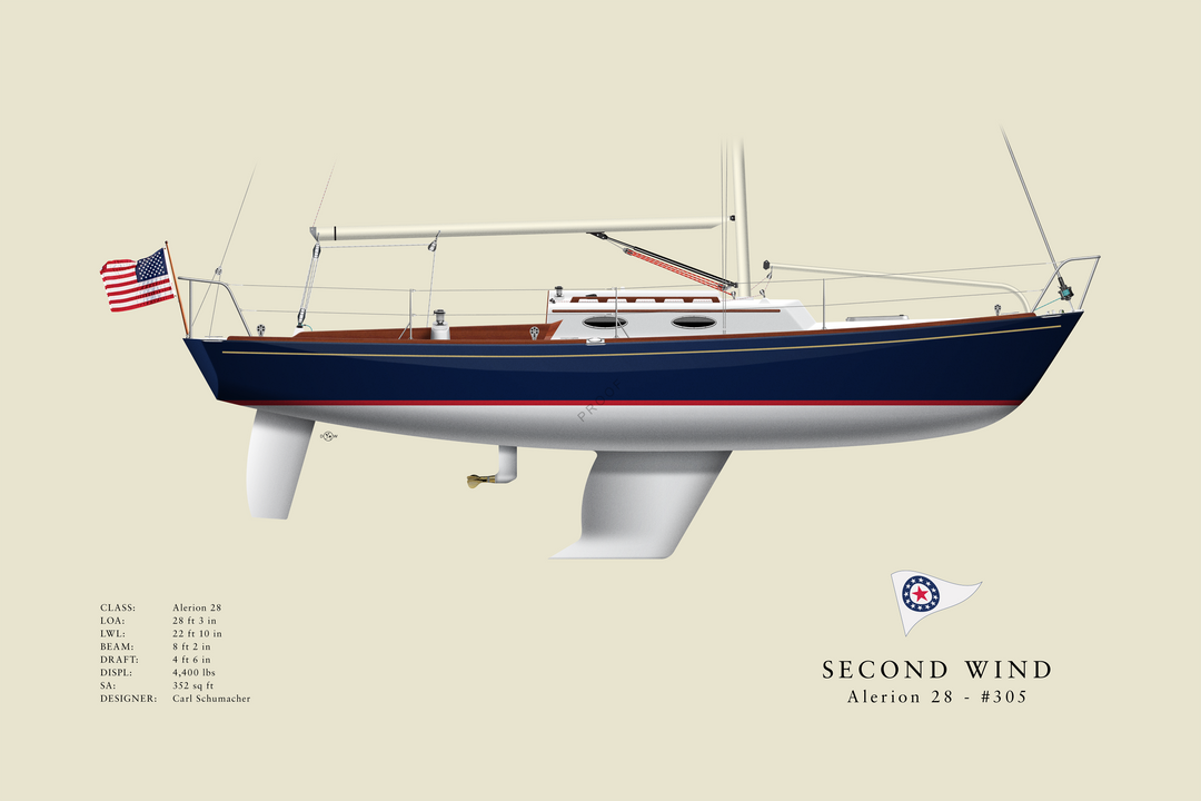 Second Wind - Alerion 28 - 2024 Edition Custom Half Hull Print With Deck Details