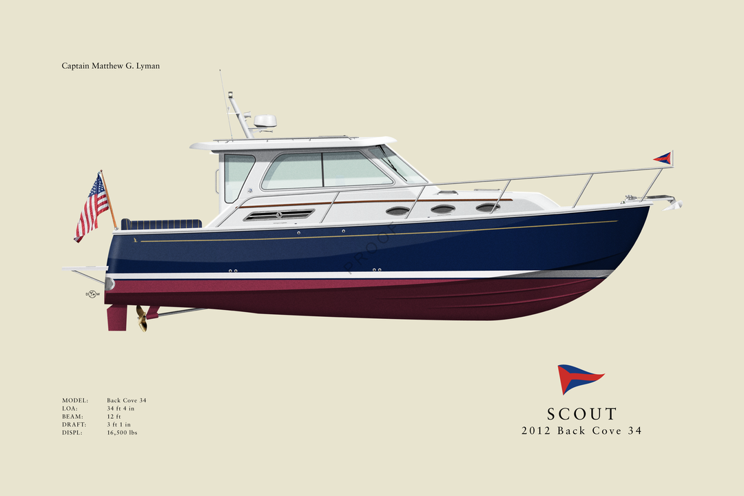 Scout - Back Cove 34 - Custom Half Hull Print With Deck Details