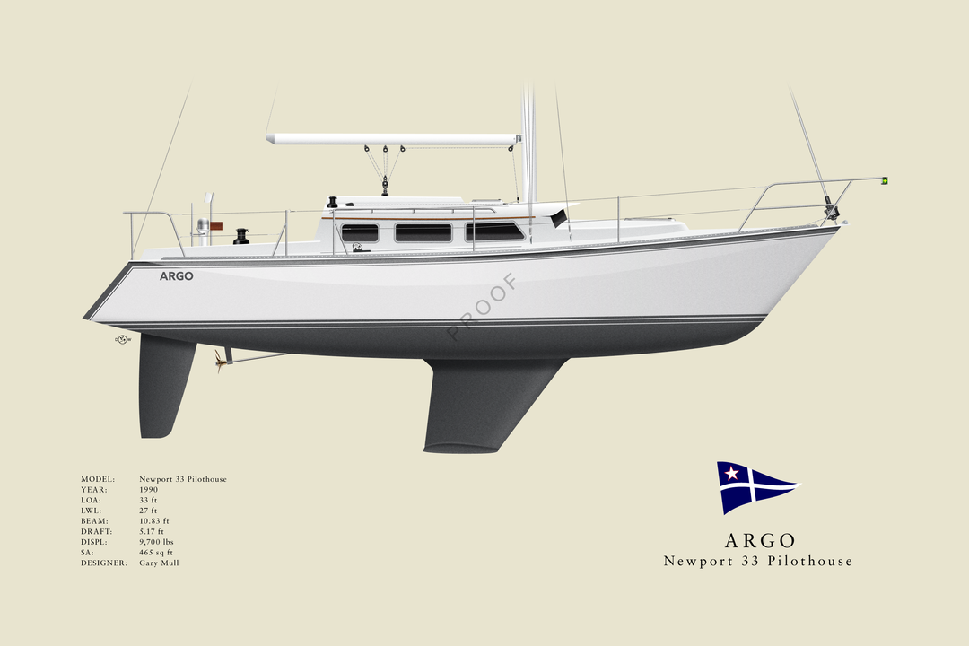 Argo - Newport 33 Pilothouse - Custom Half Hull Print With Deck Details