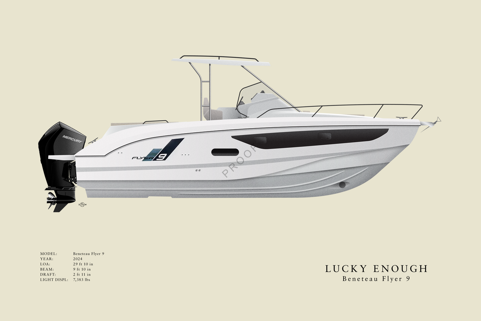 Lucky Enough - Beneteau Flyer 9 - Custom Half Hull Print With Deck Details