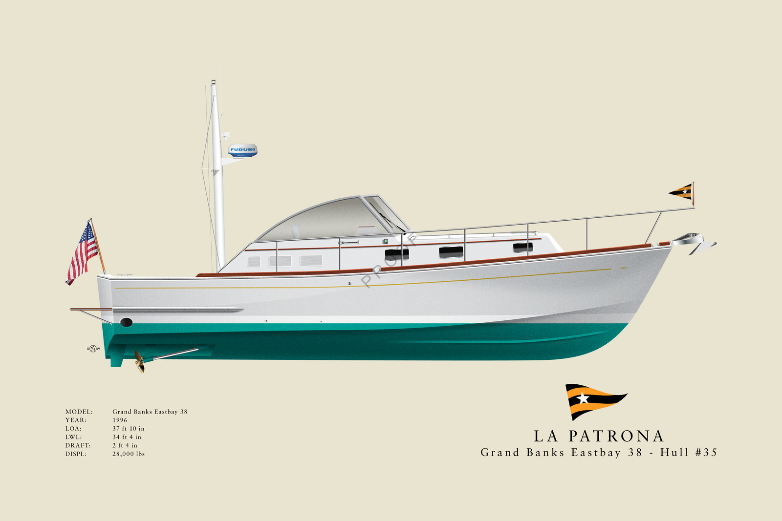 La Patrona - Grand Banks Eastbay 38 - Custom Half Hull Print With Deck Details