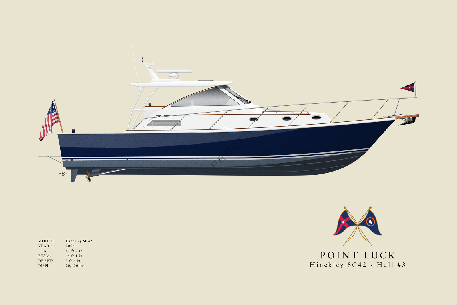 Point Luck - Hinckley SC42 - Custom Half Hull Print With Deck Details