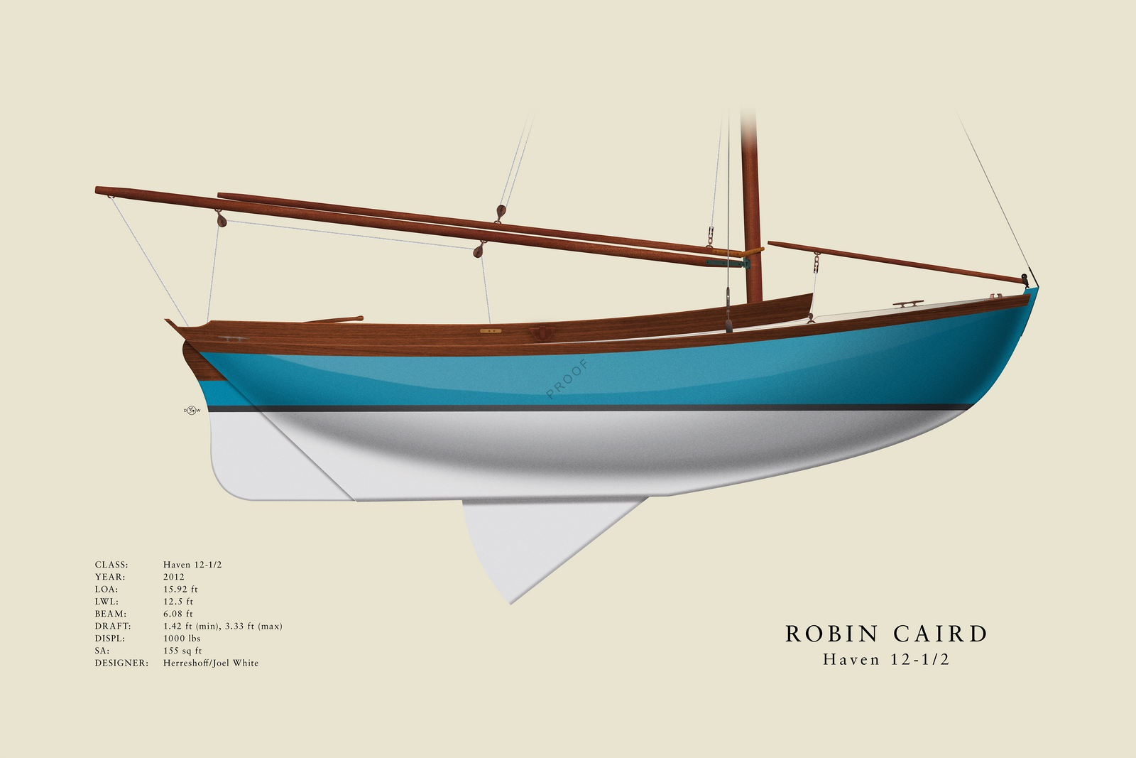 Robin Caird - Haven 12-1/2 - Custom Half Hull Print With Deck Details