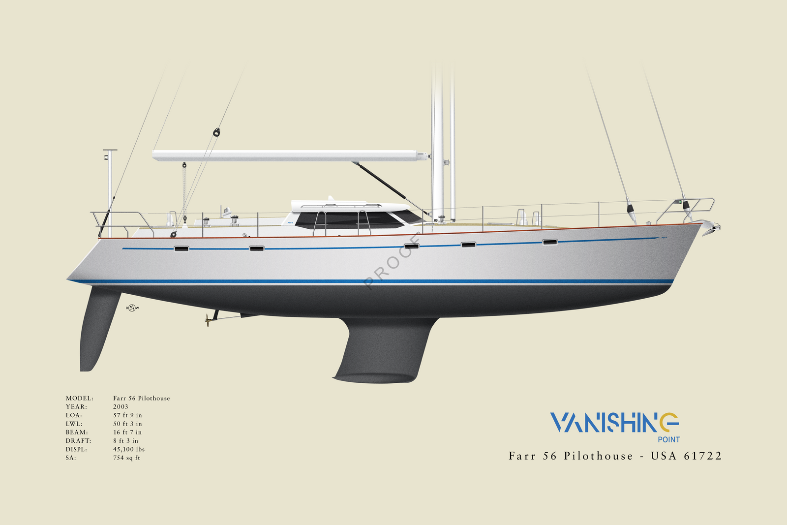 Vanishing Point - Farr 56 Pilothouse - Custom Half Hull Print With Deck Details