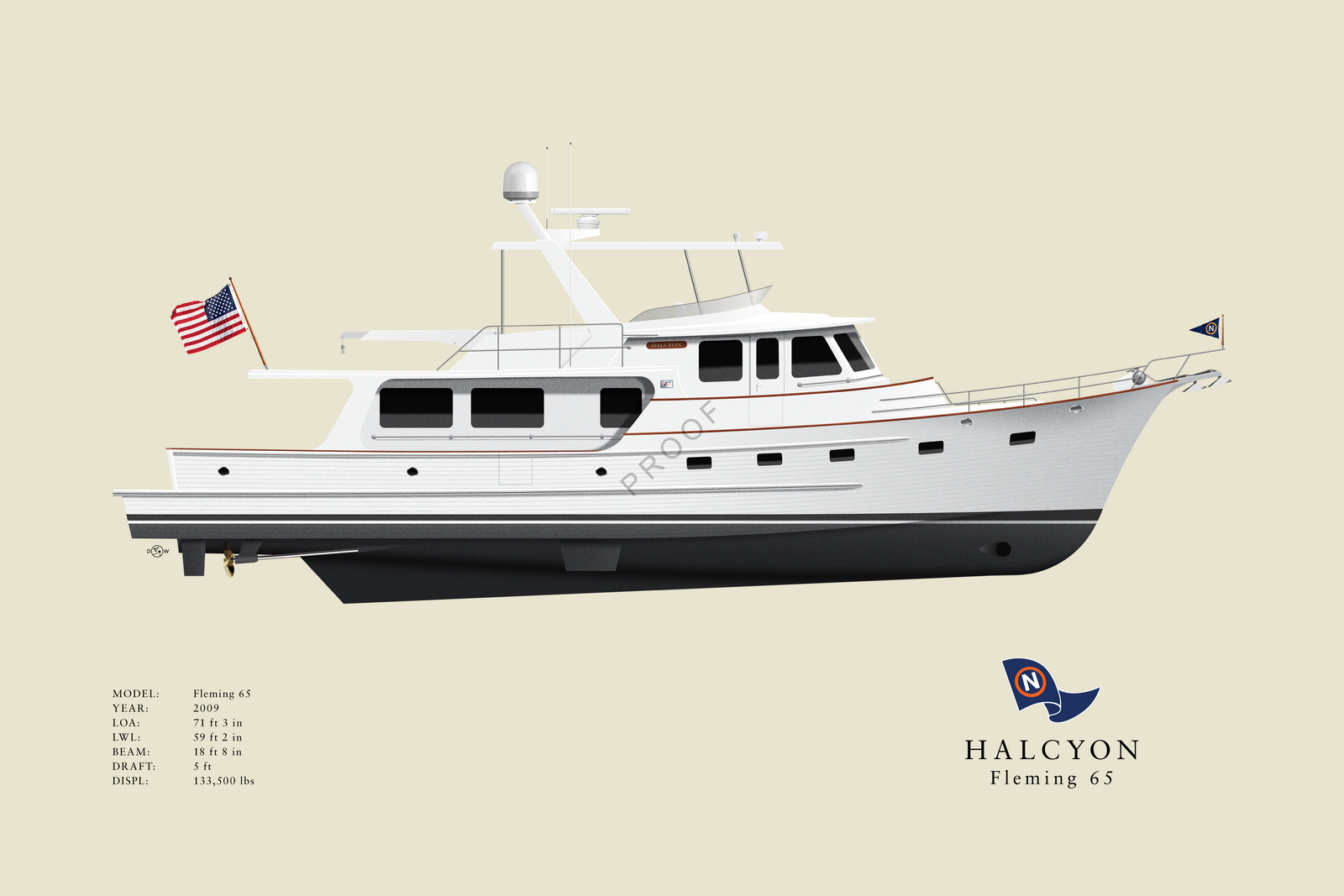 Halcyon - Fleming 65 - Custom Half Hull Print With Deck Details