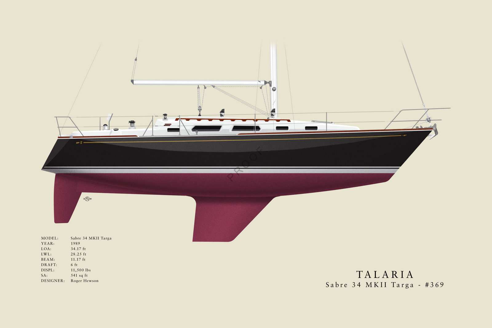 Talaria - Sabre 34 MKII Targa - Custom Half Hull Print With Deck Details