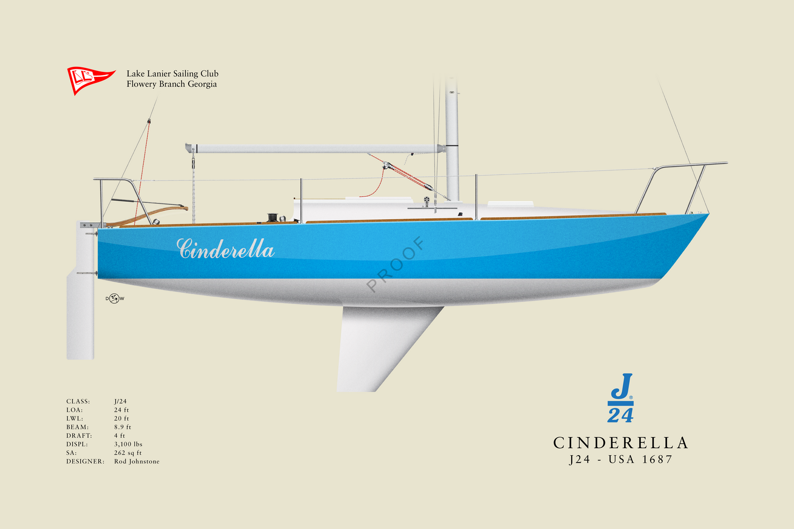 Cinderella - J/24 - Custom Half Hull Print With Deck Details