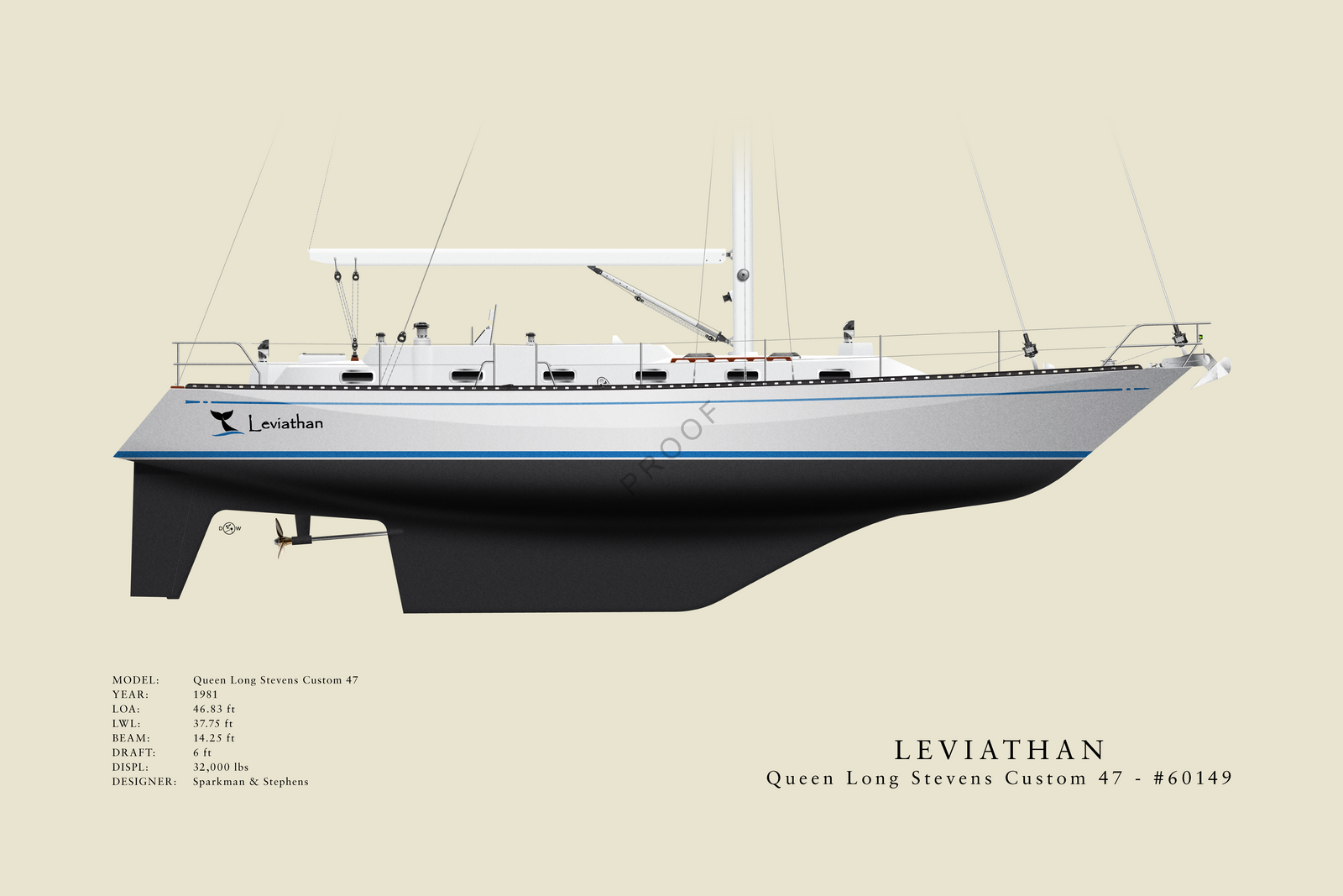 Leviathan - Stevens Custom 47 - Custom Half Hull Print With Deck Details