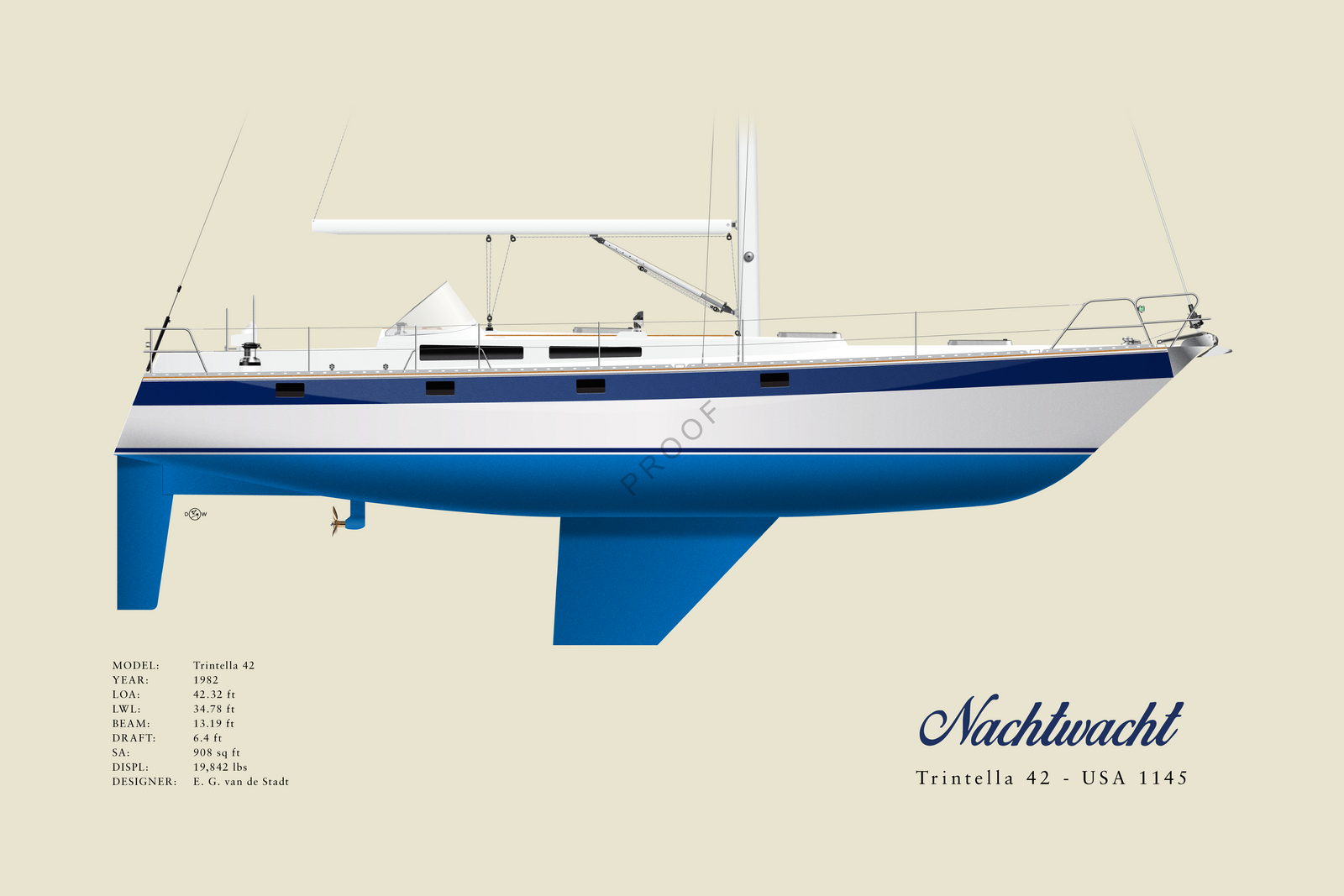 Nachtwacht - Trintella 42 - Custom Half Hull Print With Deck Details