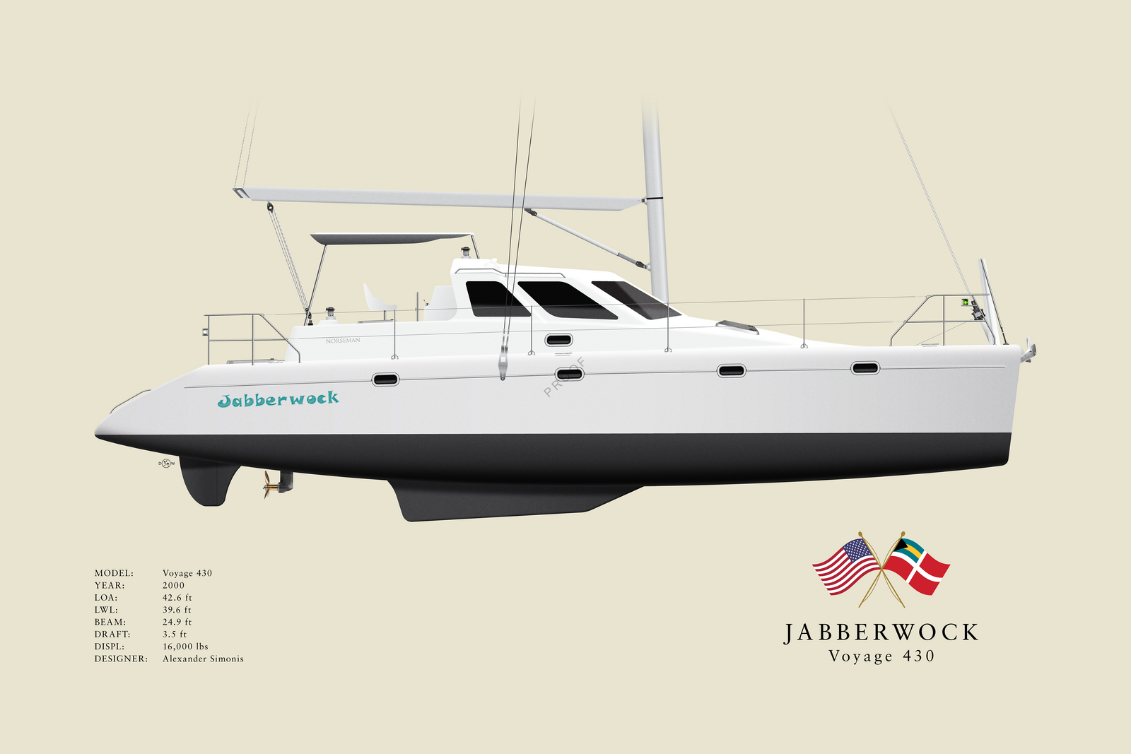 Jabberwock - Voyage 430 - Custom Half Hull Print With Deck Details