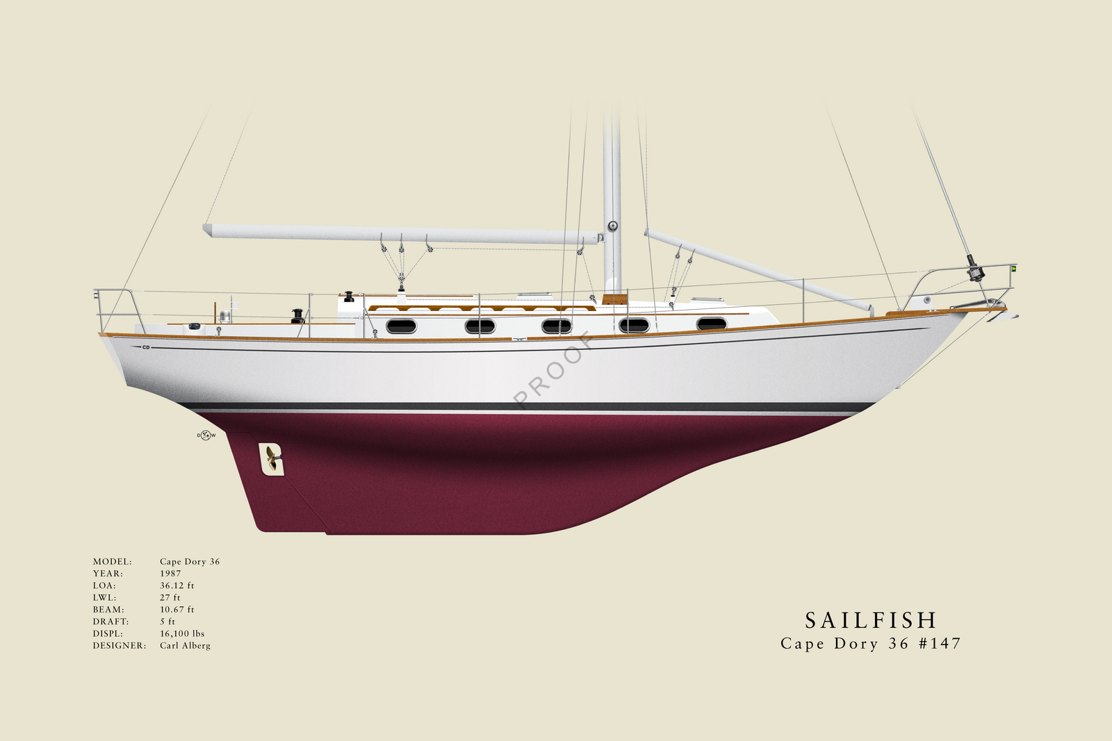 Sailfish - Cape Dory 36 - Custom Half Hull Print With Deck Details