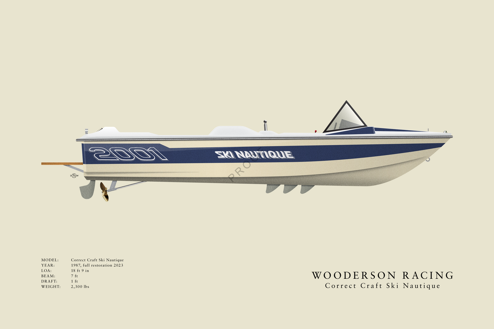 Wooderson Racing - Correct Craft Ski Nautique 2001 - Custom Half Hull Print With Deck Details