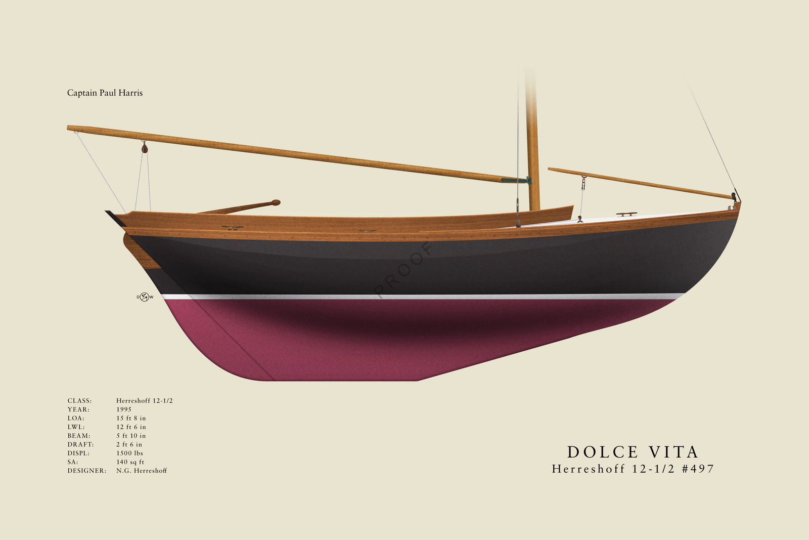 Dolce Vita - Herreshoff 12-1/2 - Custom Half Hull Print With Deck Details