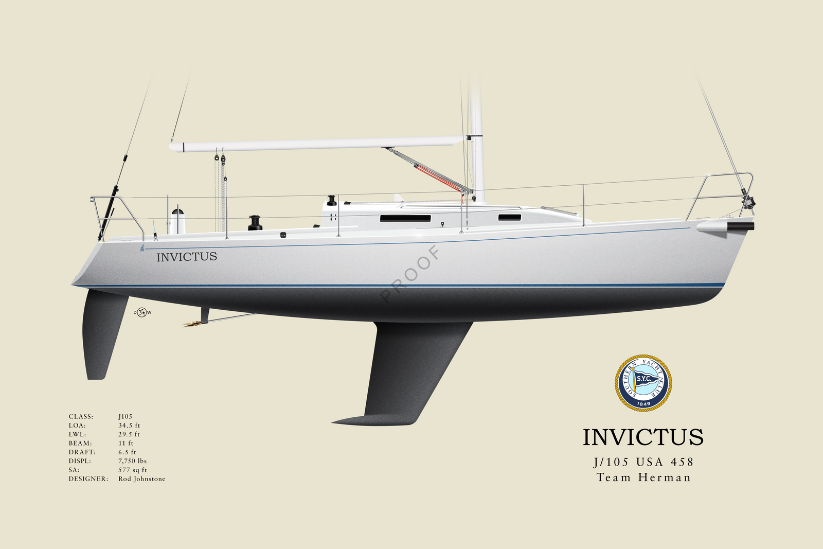 Invictus - J/105 - USA 458 - Custom Half Hull Print With Deck Details