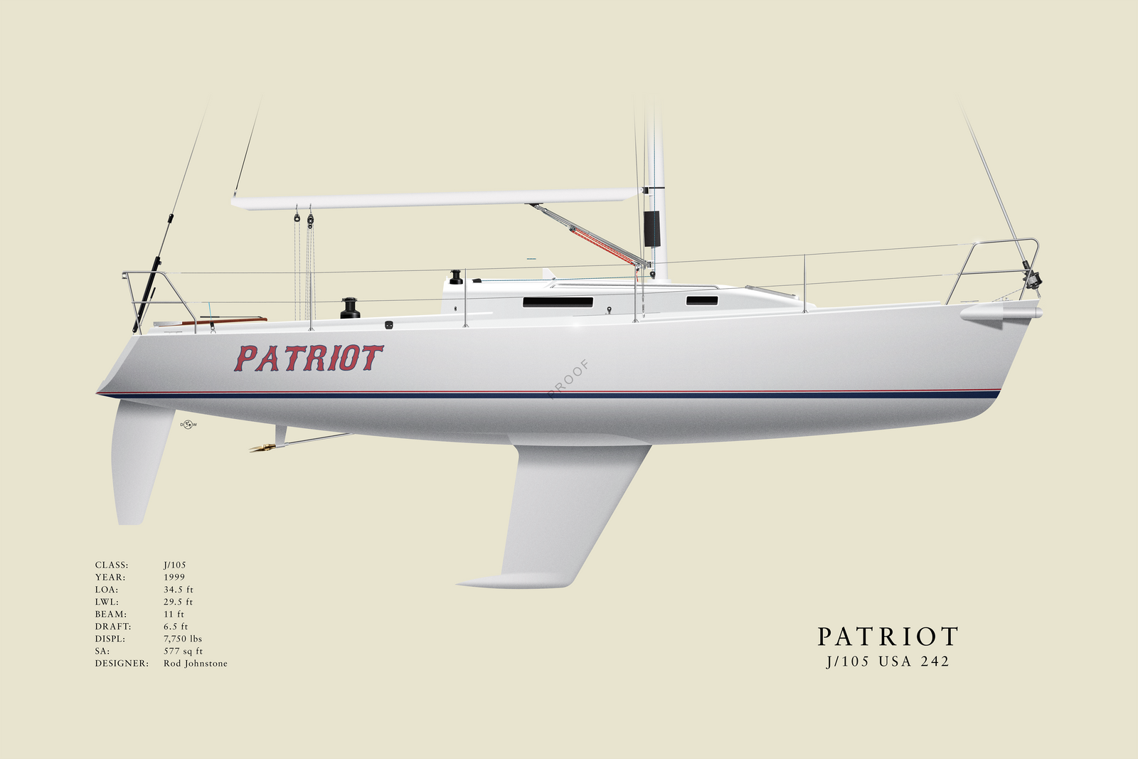 Patriot - J/105 - Custom Half Hull Print With Deck Details