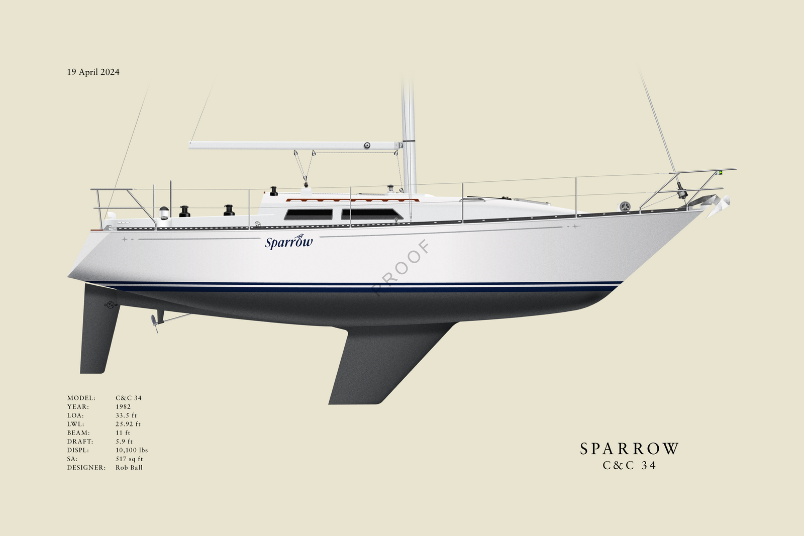 Sparrow - C&C 34 - Custom Half Hull Print With Deck Details