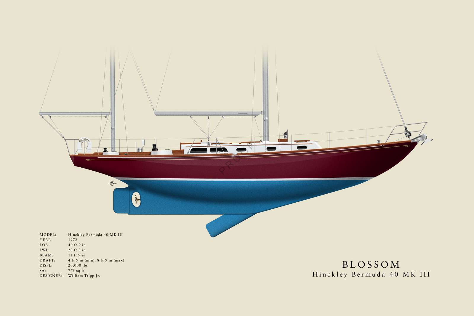 Blossom - Hinckley Bermuda 40 MKIII - Custom Half Hull Print With Deck Details