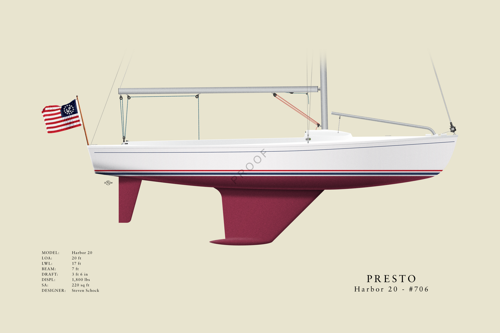 Presto - Harbor 20 - Custom Half Hull Print With Deck Details