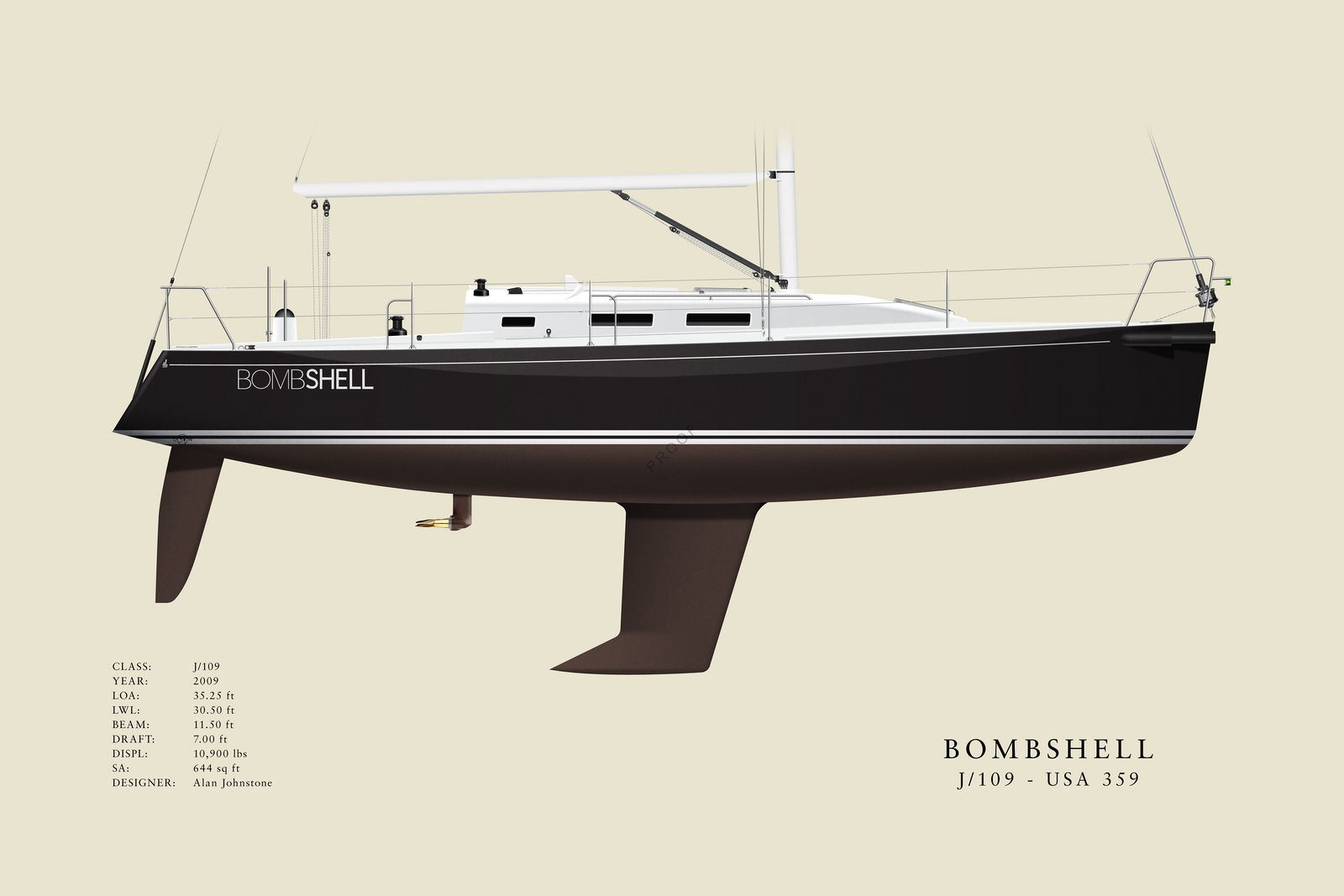 Bombshell - J/109 - Custom Half Hull Print With Deck Details