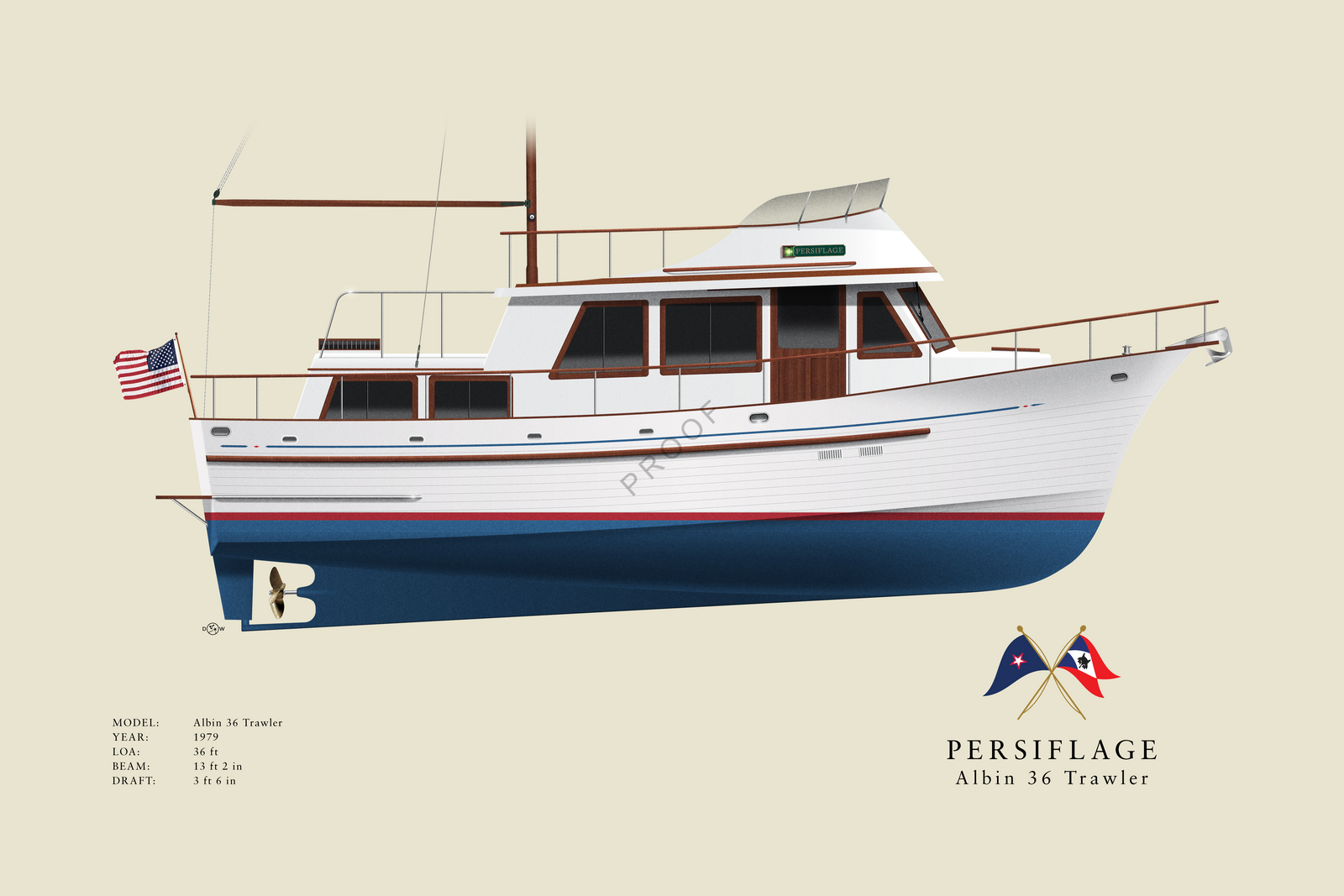 Persiflage - Albin 36 Trawler - Custom Half Hull Print With Deck Details