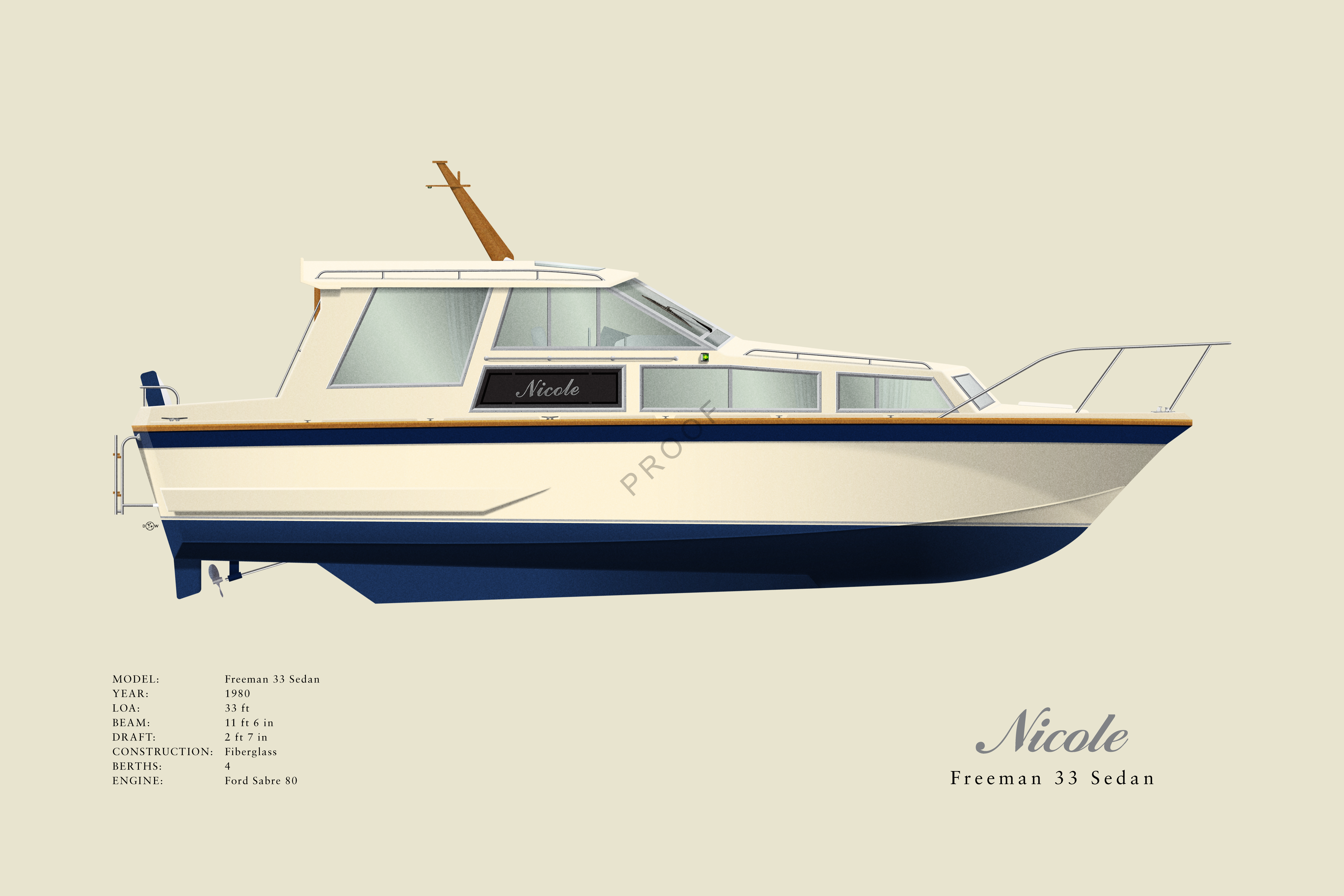 Nicole - Freeman 33 Sedan - Custom Half Hull Print With Deck Details ...