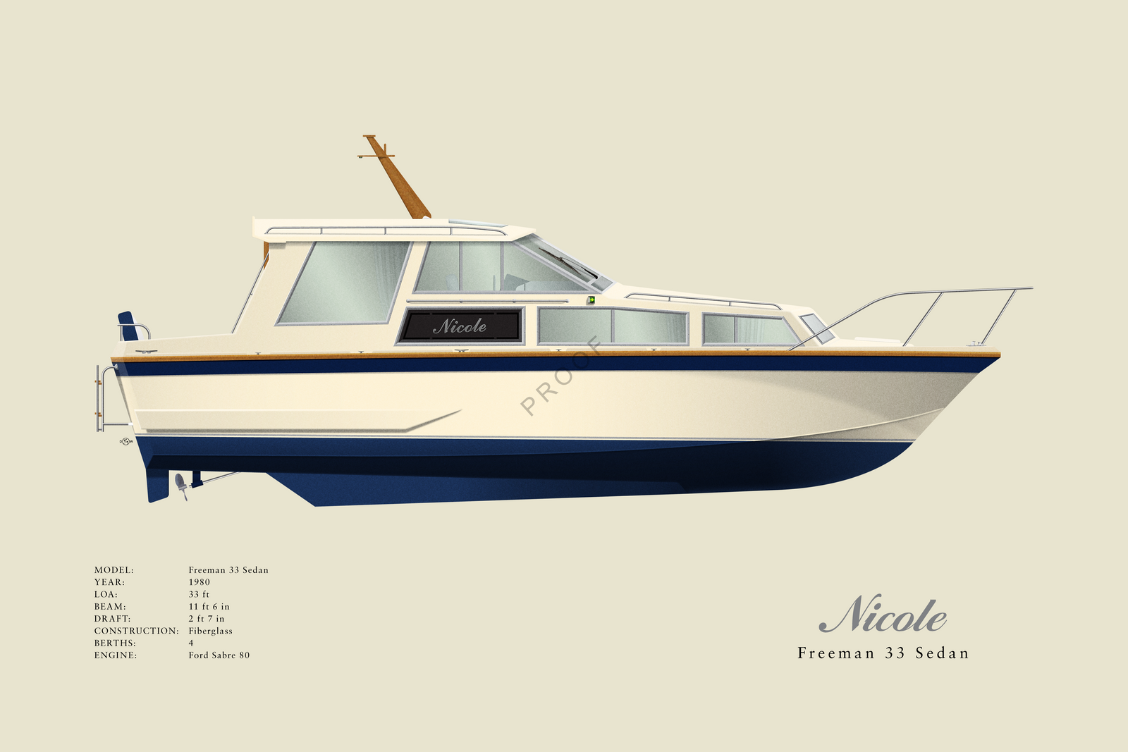 Nicole - Freeman 33 Sedan - Custom Half Hull Print With Deck Details