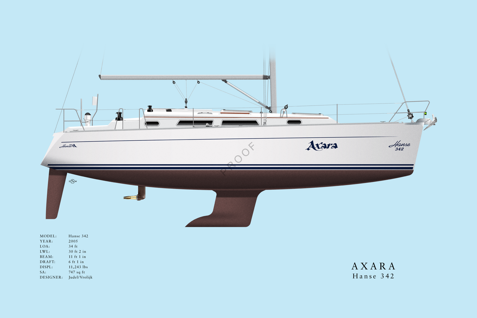 Axara - Hanse 342 - Custom Half Hull Print With Deck Details