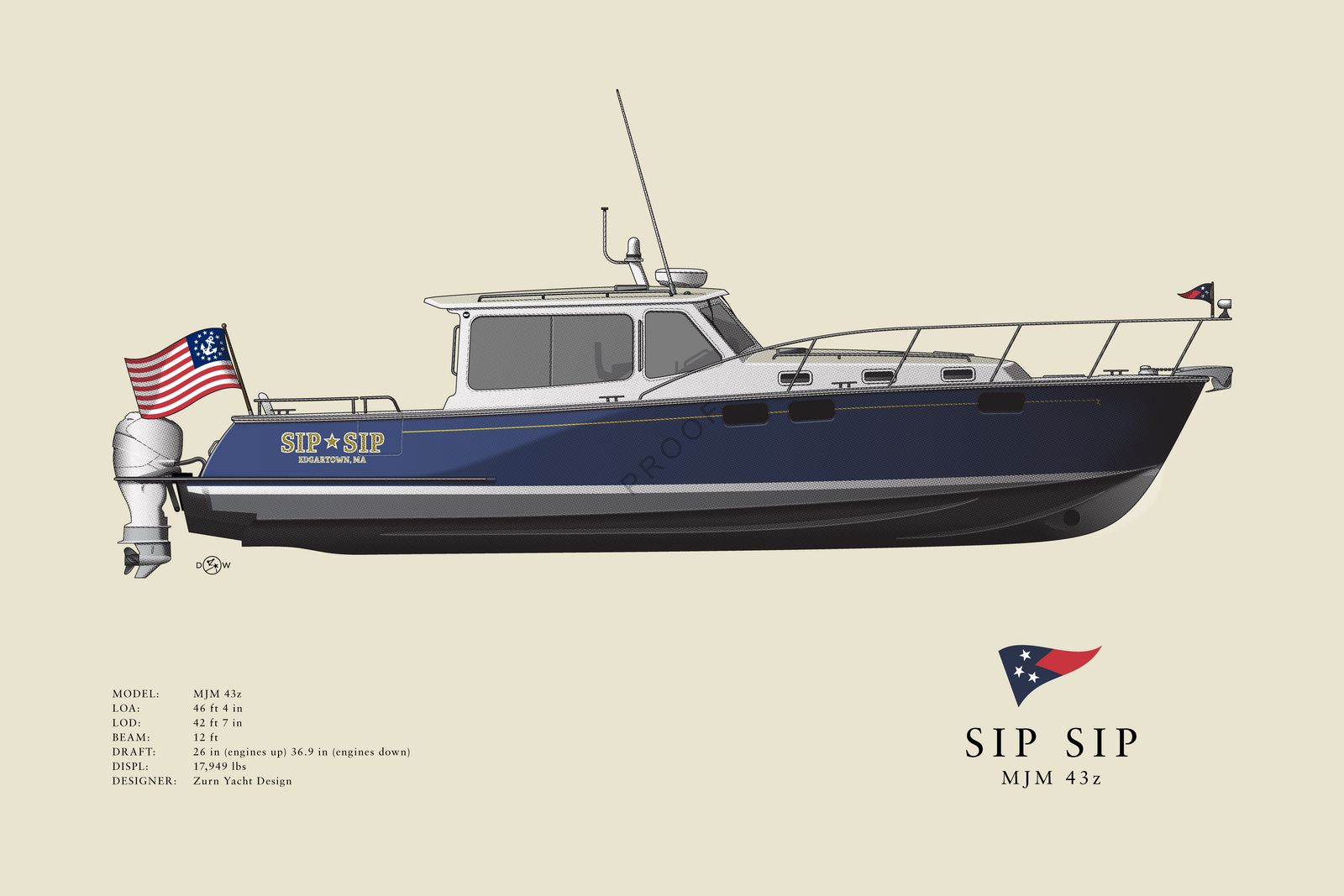 Sip Sip - MJM 43z - Half Hull Print With Deck Details