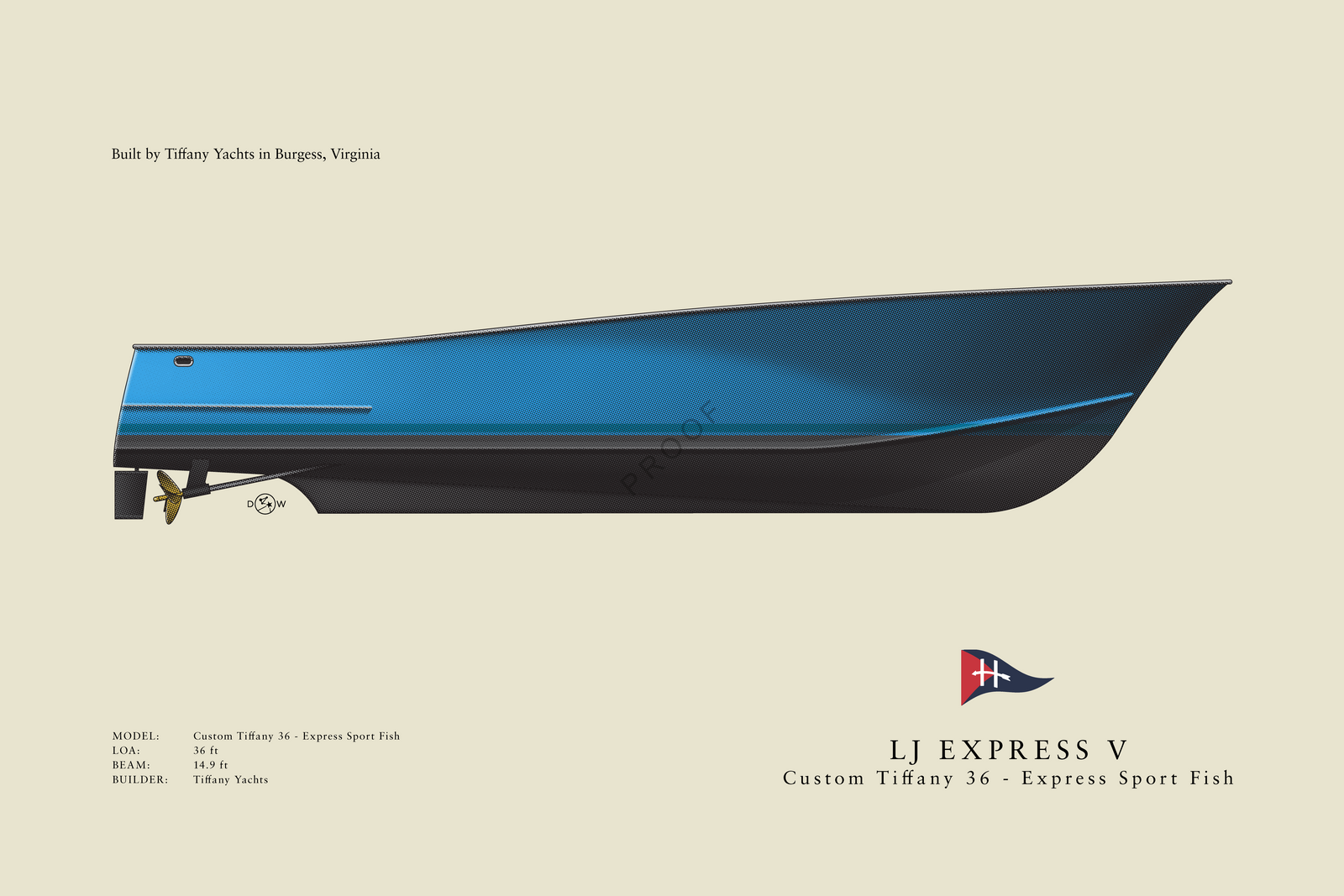 LJ Express V - Custom Tiffany 36 - Express Sport Fish - Flush Deck Half Hull Print