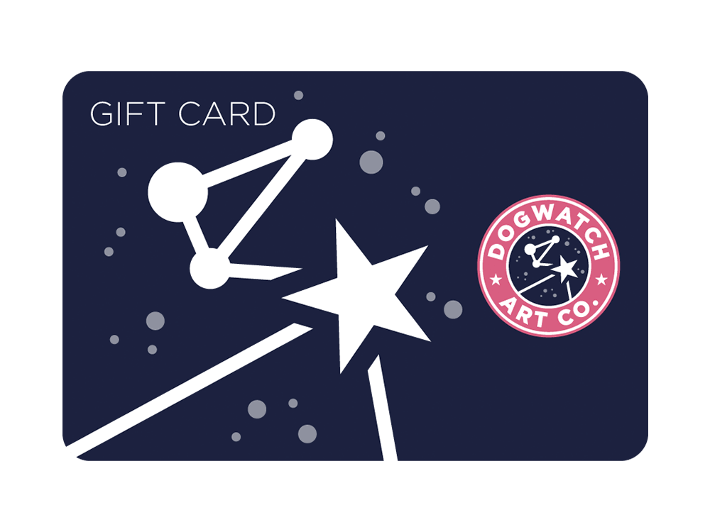 Personalized half hull art print gift card. Navy blue featuring logo and constellation graphic.